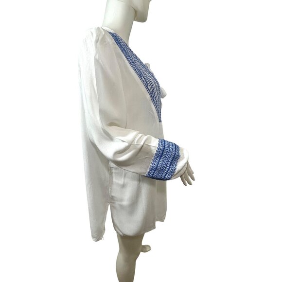 Susan Graver Tunic Top L White Blue Embroidered Boho Cottage V-Neck Rope Tassels - Picture 2 of 11